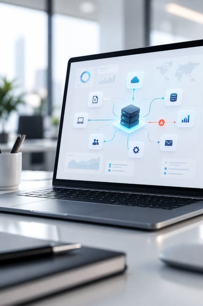 Portátil en una oficina mostrando un mapa de sistemas conectados